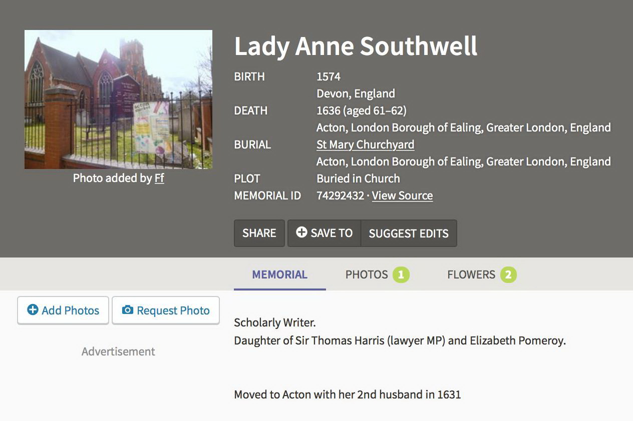 Anne Harris Southwell 1574, Linked To: <a href='profiles/i8703.html' >Anne Harris Lady Southwell</a>